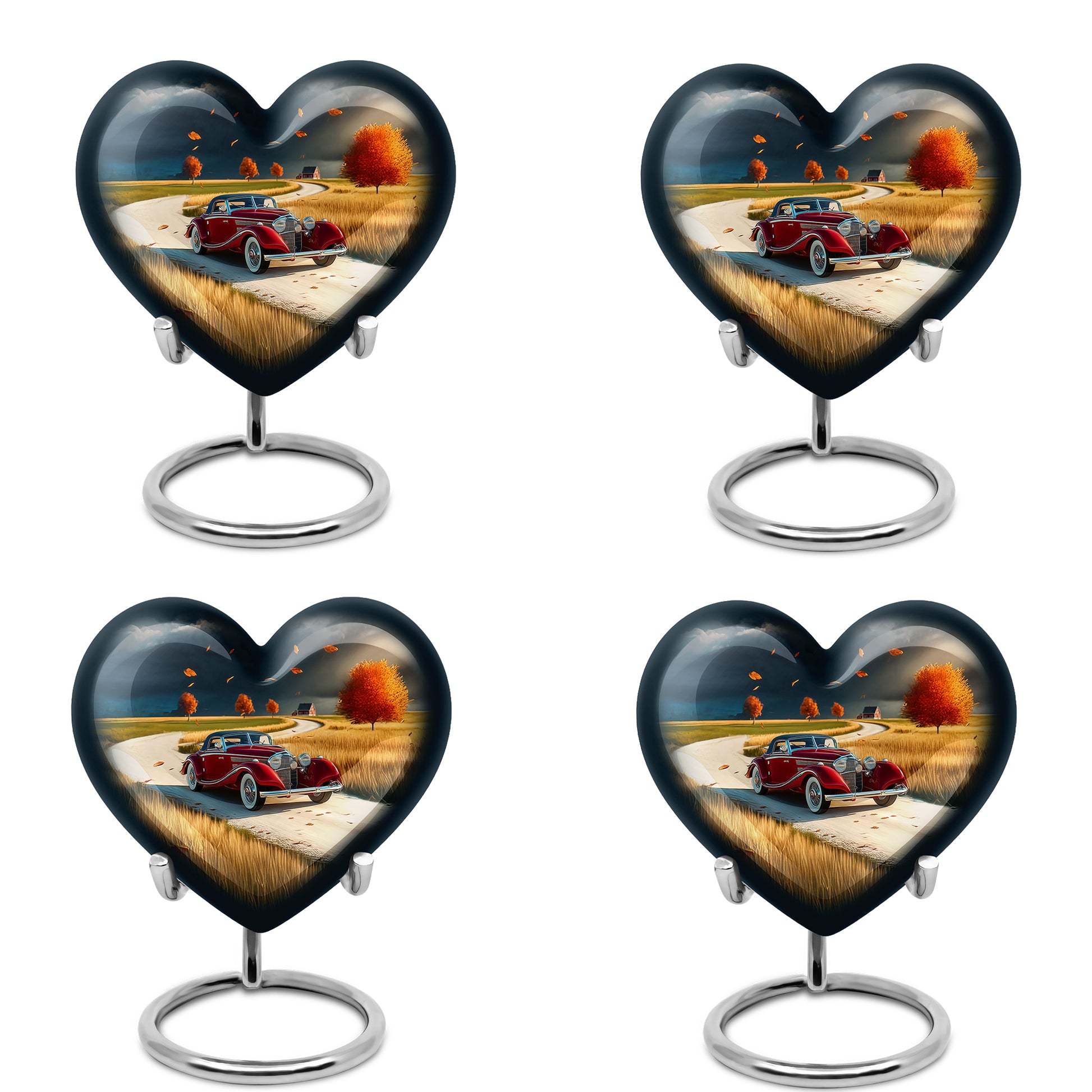 Navy Blue Car Cremation Urn angled view of lid and engraved motif - loving heart memorial featuring car pattern - 10 inch aluminum urn for cremated remains