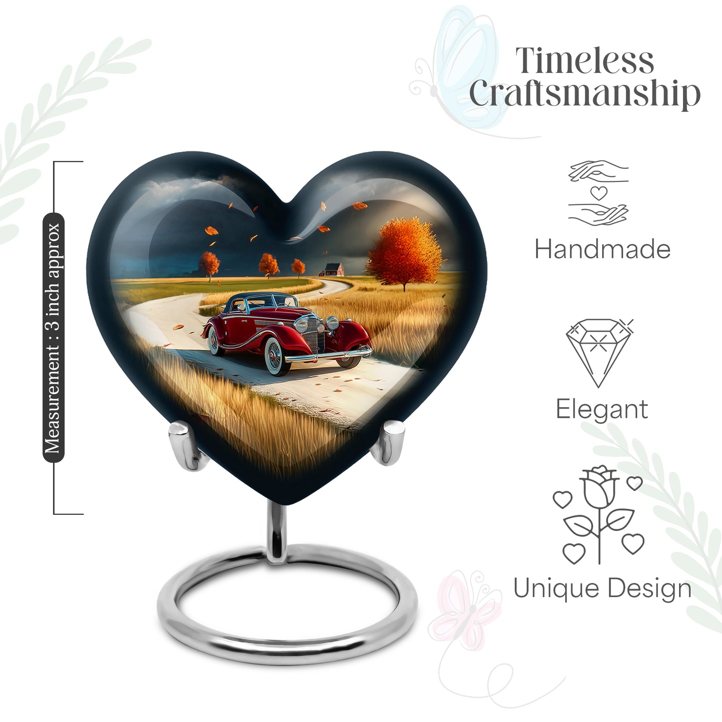 Cornflower Blue Car Cremation Urn front view showing detailed design - romantic heart urn with car motif on aluminum - mini keepsake memorial for portion of cremation ashes