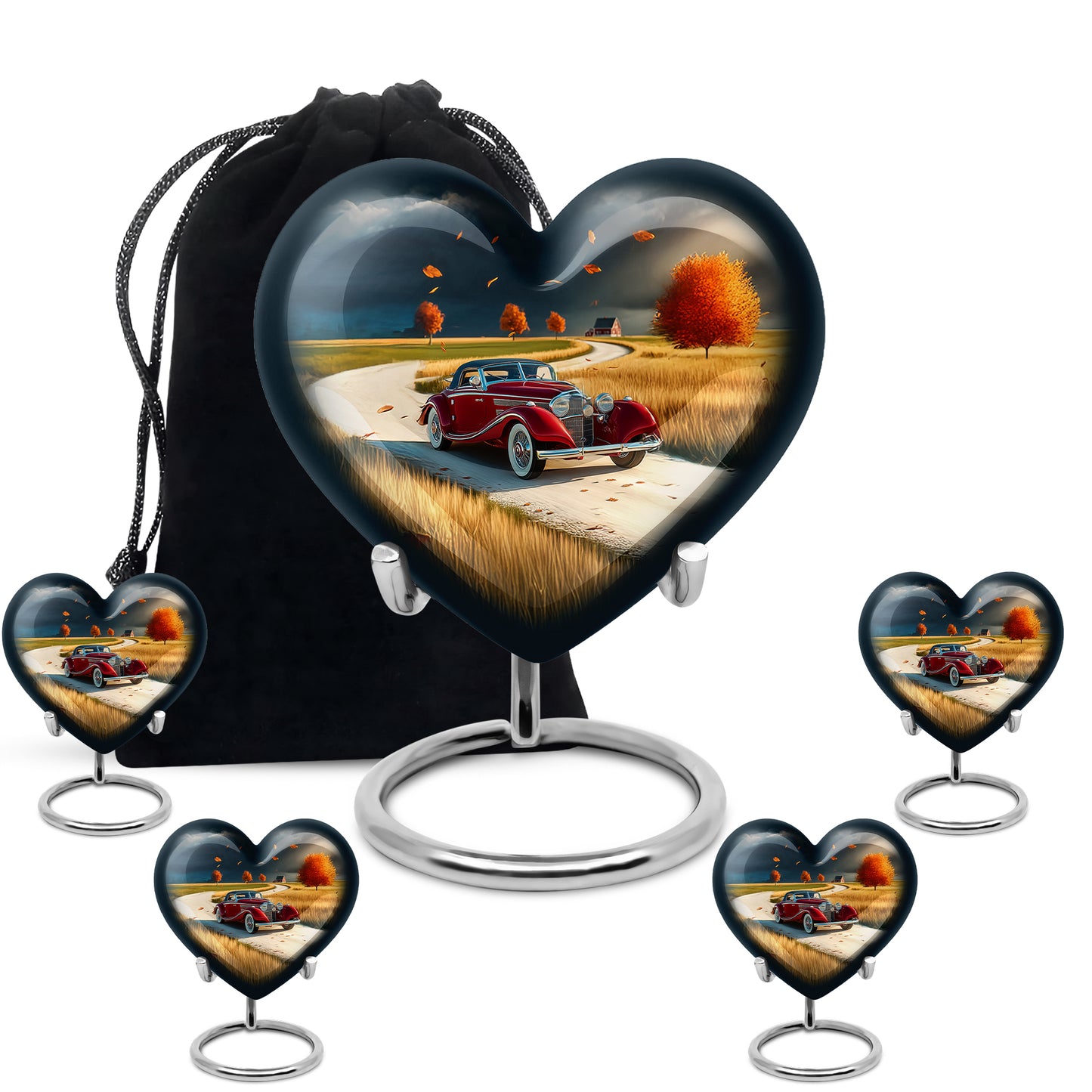 Soft Blue Car Cremation Urn close-up of engraving and surface detail - romantic heart urn with car motif on aluminum - memorial set with one large and four small urns