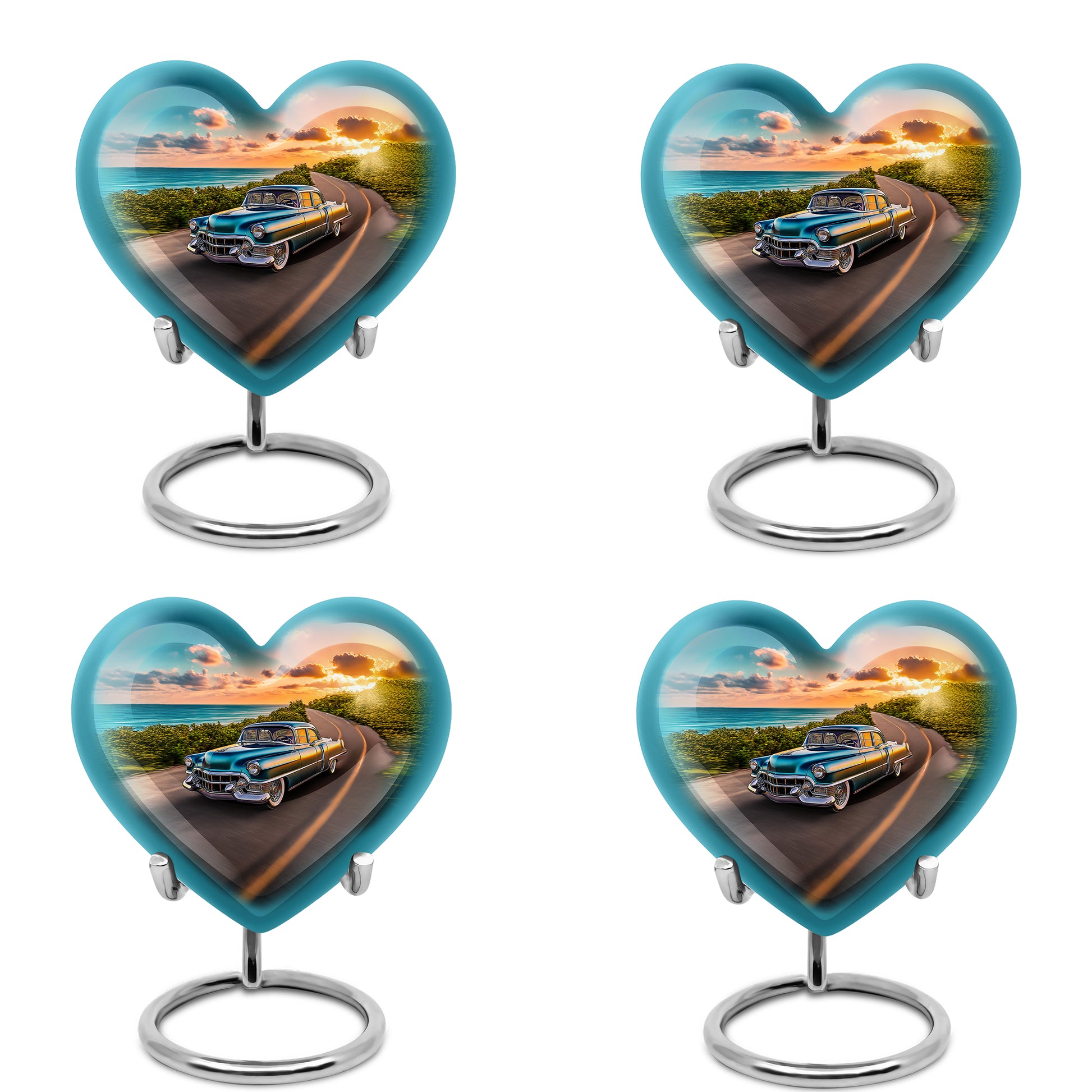 Misty Blue Car Cremation Urn angled view of lid and engraved motif - loving heart memorial featuring car pattern - 10 inch aluminum urn for cremated remains