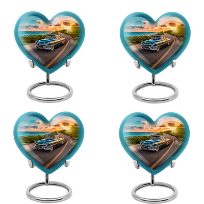 Misty Blue Car Cremation Urn angled view of lid and engraved motif - loving heart memorial featuring car pattern - 10 inch aluminum urn for cremated remains