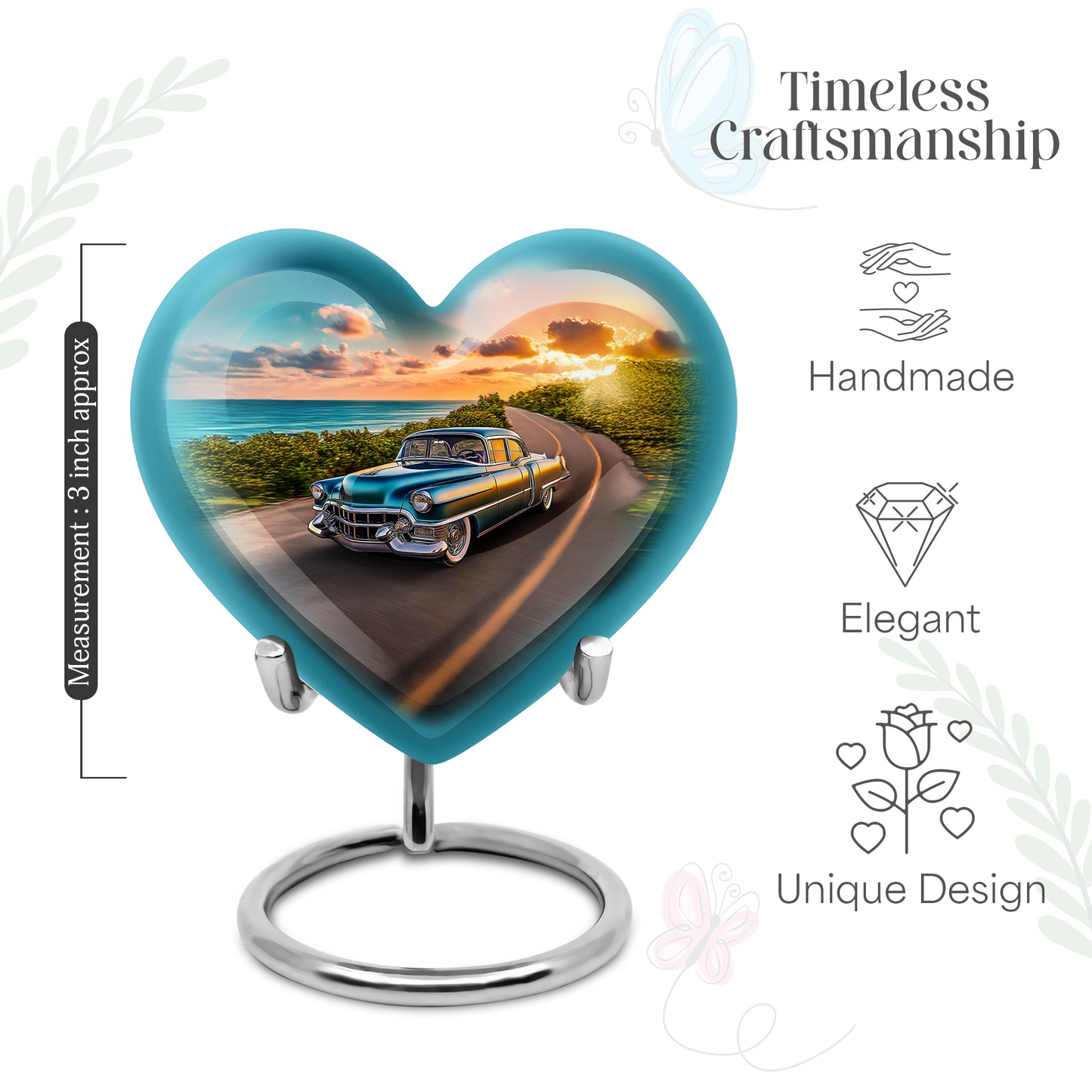 Azure Car Cremation Urn front view showing detailed design - heart-shaped car design symbolizing eternal love - mini keepsake memorial for portion of cremation ashes