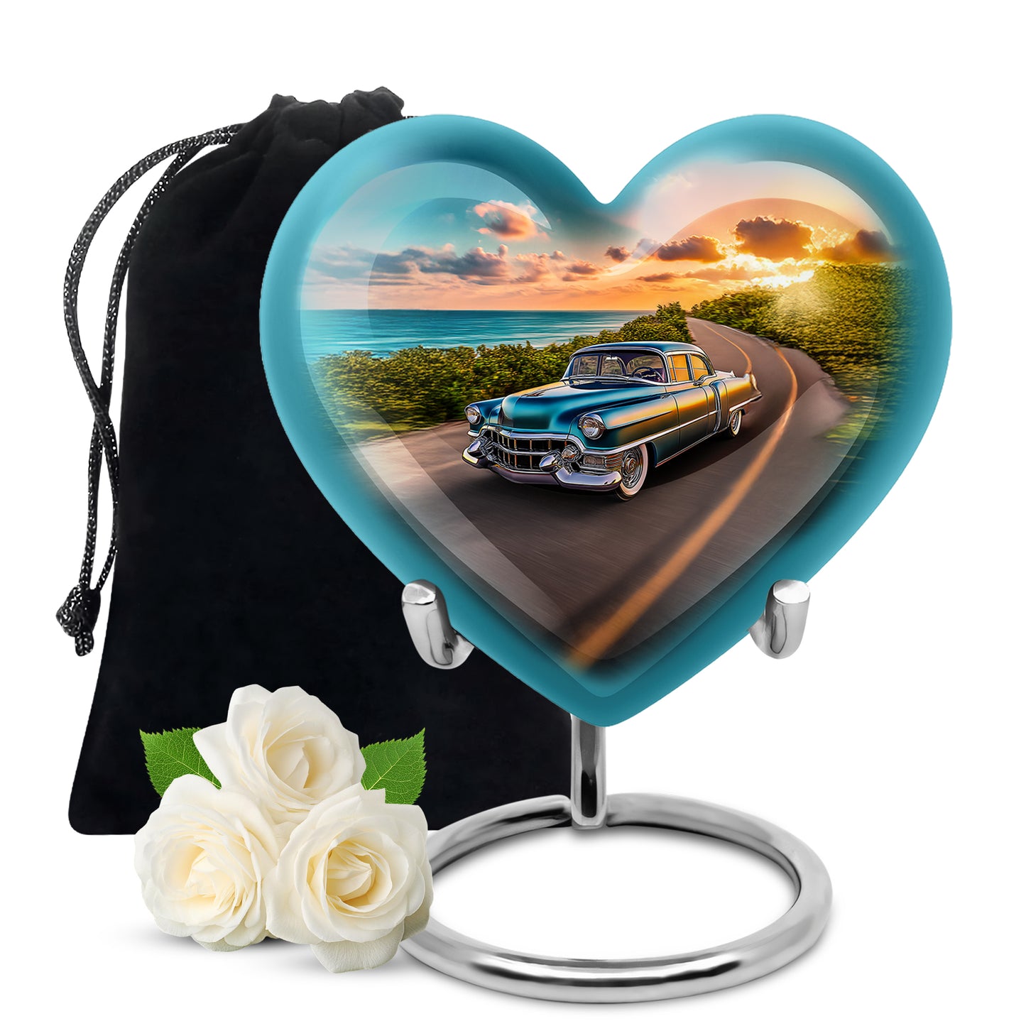 Calming Blue Car Cremation Urn detail view - romantic heart urn with car motif on aluminum - full-size 10 inch 200 cubic inch adult cremation urn