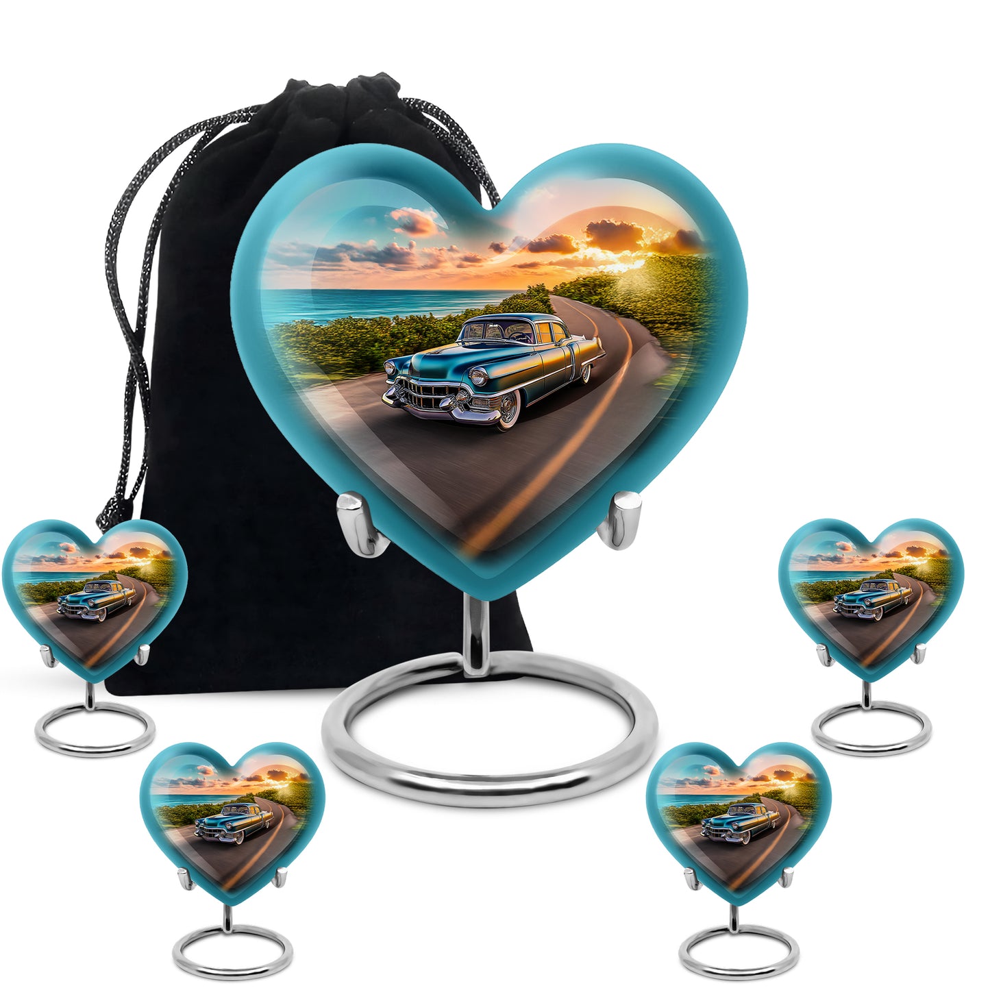 Serene Blue Car Cremation Urn close-up of engraving and surface detail - romantic heart urn with car motif on aluminum - memorial set with one large and four small urns