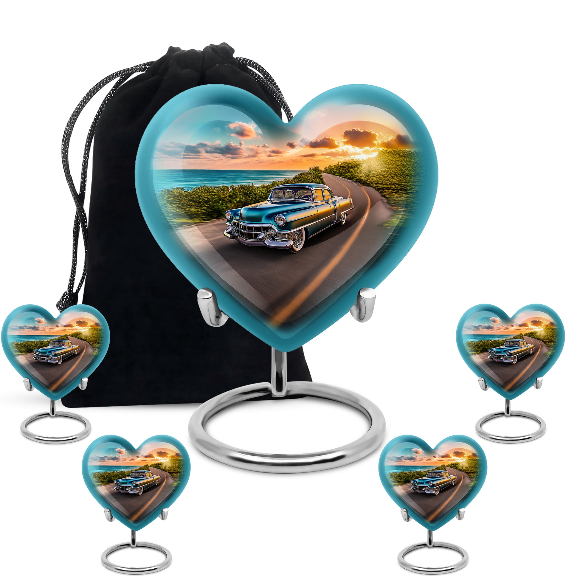 Serene Blue Car Cremation Urn close-up of engraving and surface detail - romantic heart urn with car motif on aluminum - memorial set with one large and four small urns