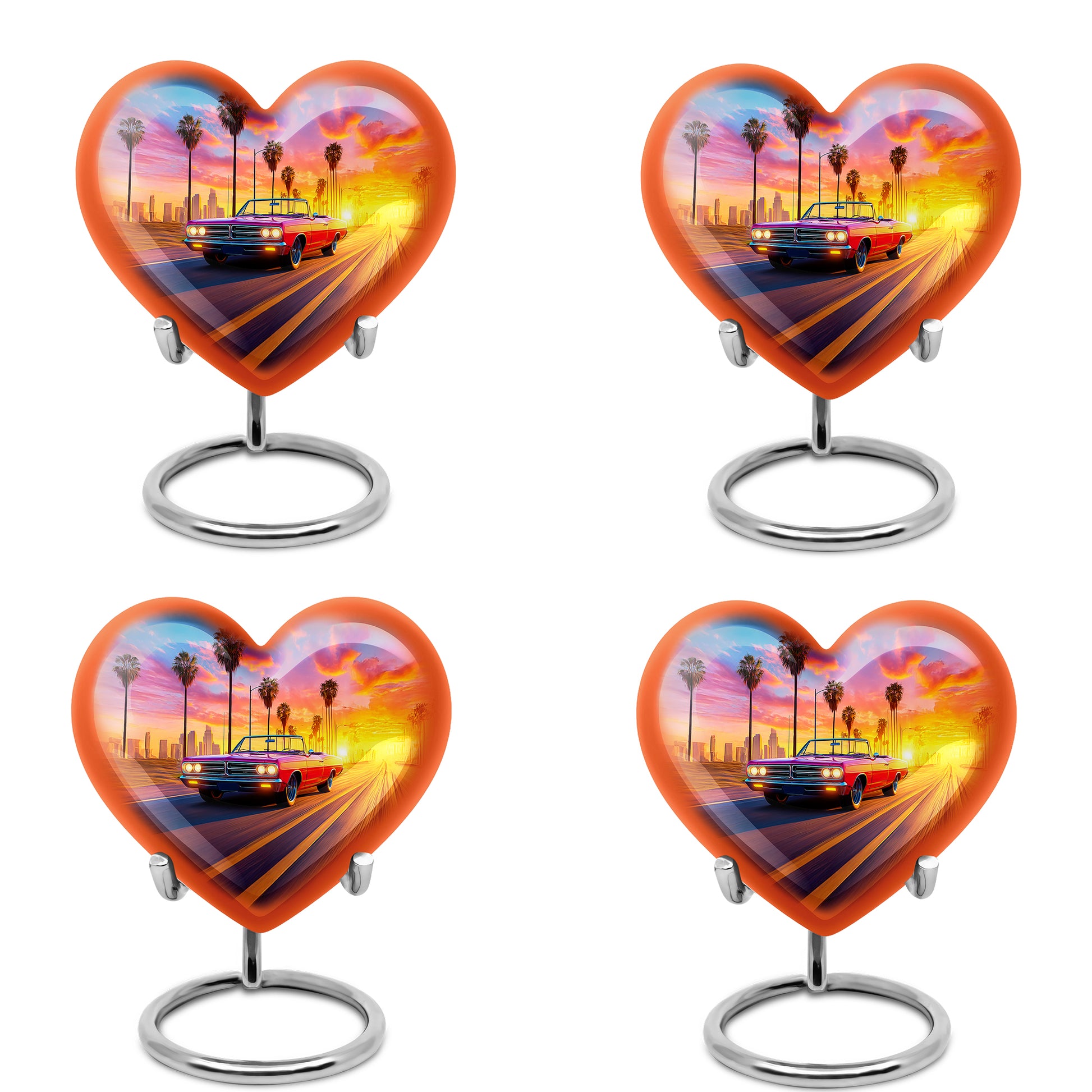 Cobalt Blue Car Cremation Urn angled view of lid and engraved motif - compassionate heart-car combination with gentle curves - 10 inch aluminum urn for cremated remains