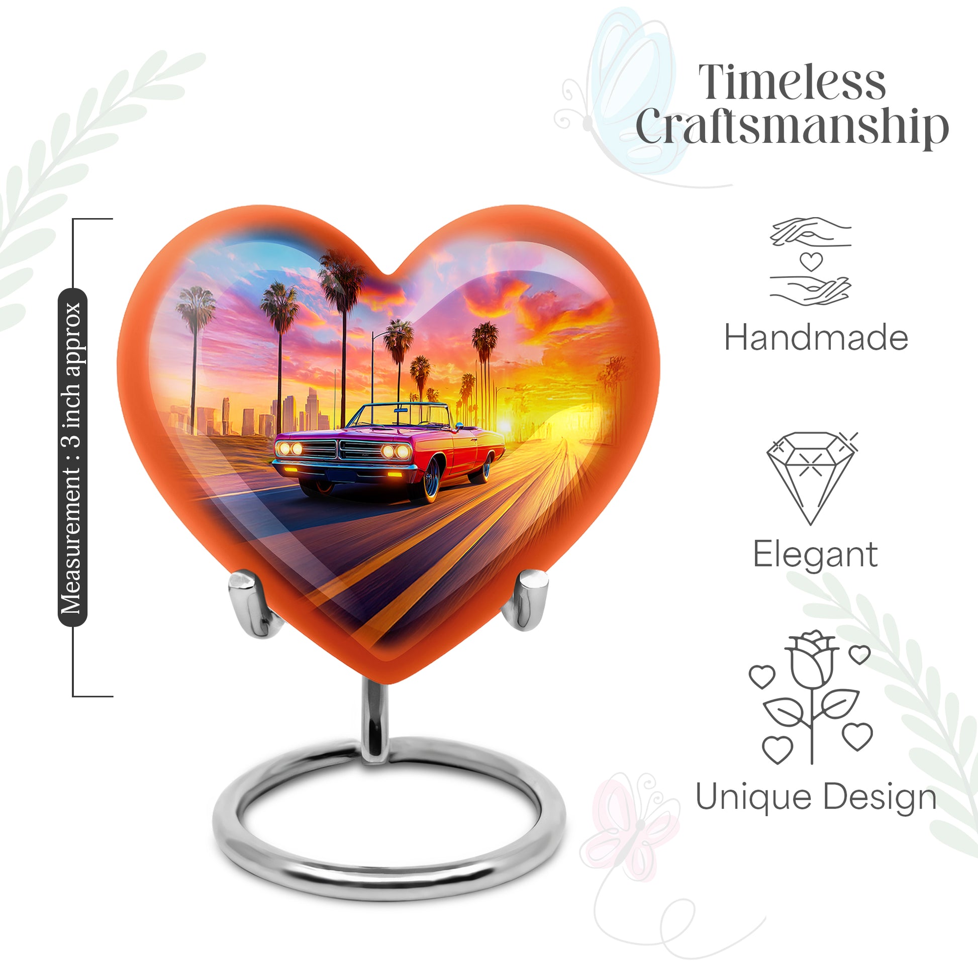 Serene Blue Car Cremation Urn front view showing detailed design - romantic heart urn with car motif on aluminum - mini keepsake memorial for portion of cremation ashes