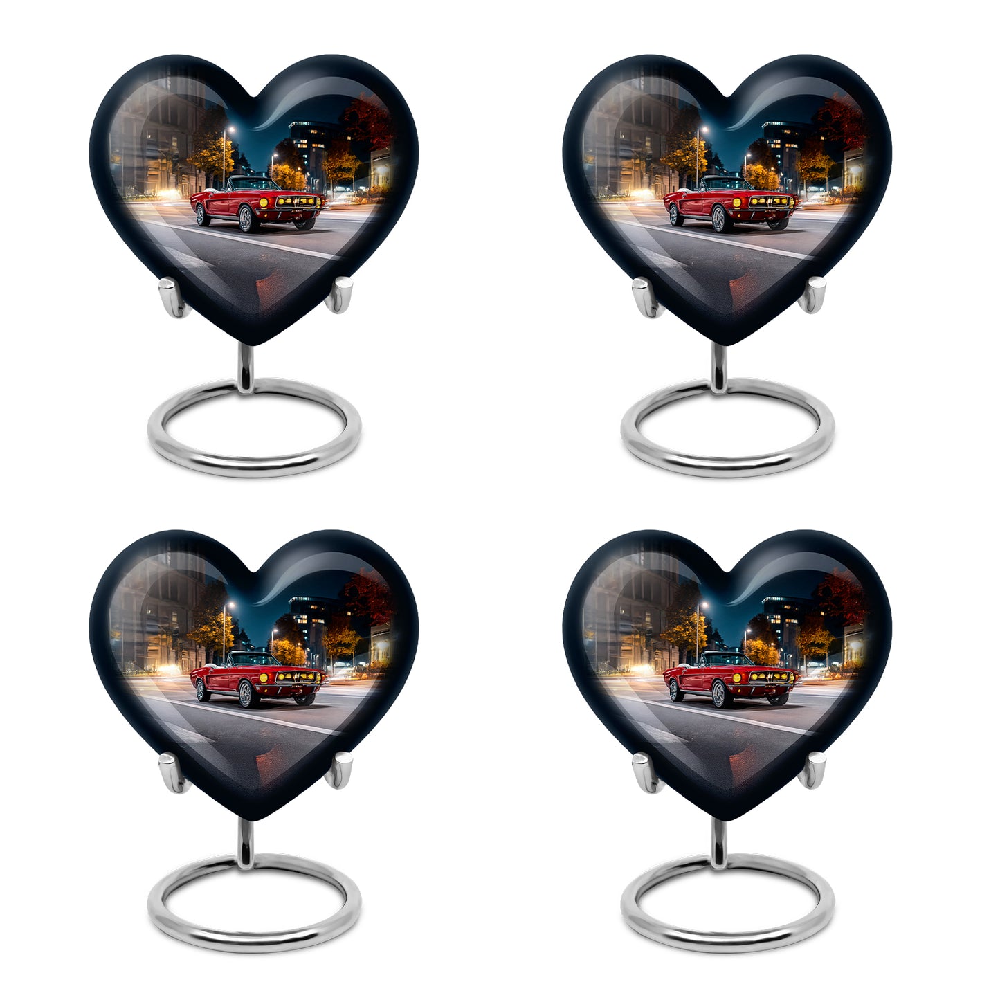 Dusty Blue Car Cremation Urn angled view of lid and engraved motif - heart-shaped car design symbolizing eternal love - 10 inch aluminum urn for cremated remains