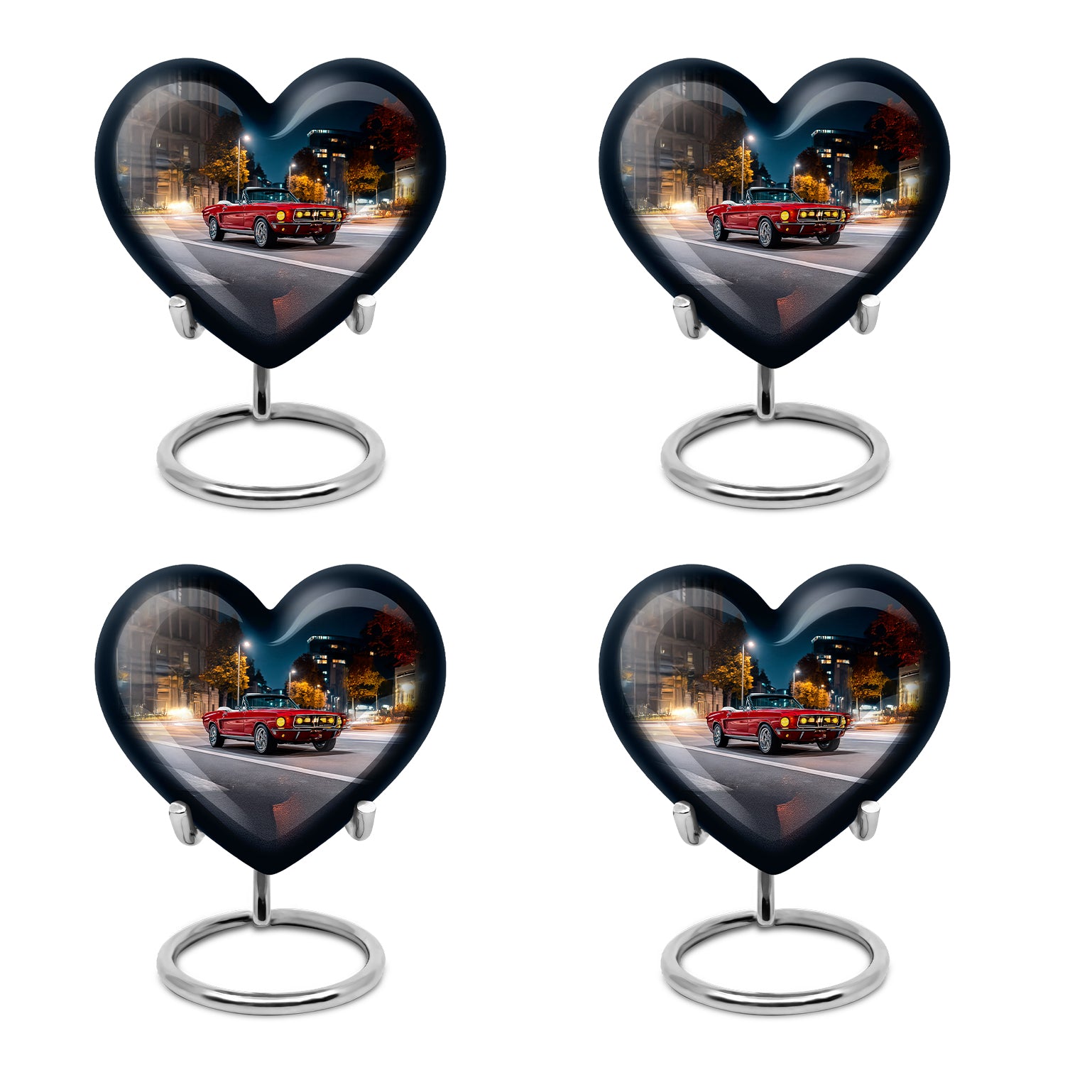 Dusty Blue Car Cremation Urn angled view of lid and engraved motif - heart-shaped car design symbolizing eternal love - 10 inch aluminum urn for cremated remains