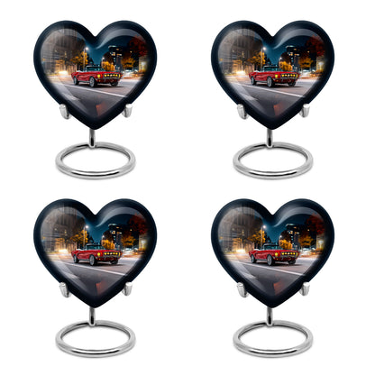 Dusty Blue Car Cremation Urn angled view of lid and engraved motif - heart-shaped car design symbolizing eternal love - 10 inch aluminum urn for cremated remains