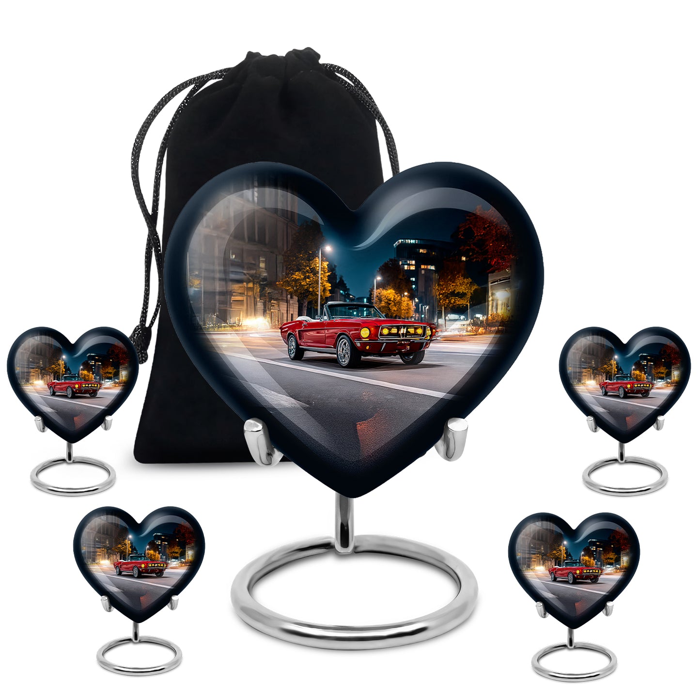 Sapphire Blue Car Cremation Urn close-up of engraving and surface detail - romantic heart urn with car motif on aluminum - memorial set with one large and four small urns
