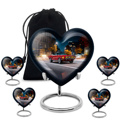 Sapphire Blue Car Cremation Urn close-up of engraving and surface detail - romantic heart urn with car motif on aluminum - memorial set with one large and four small urns