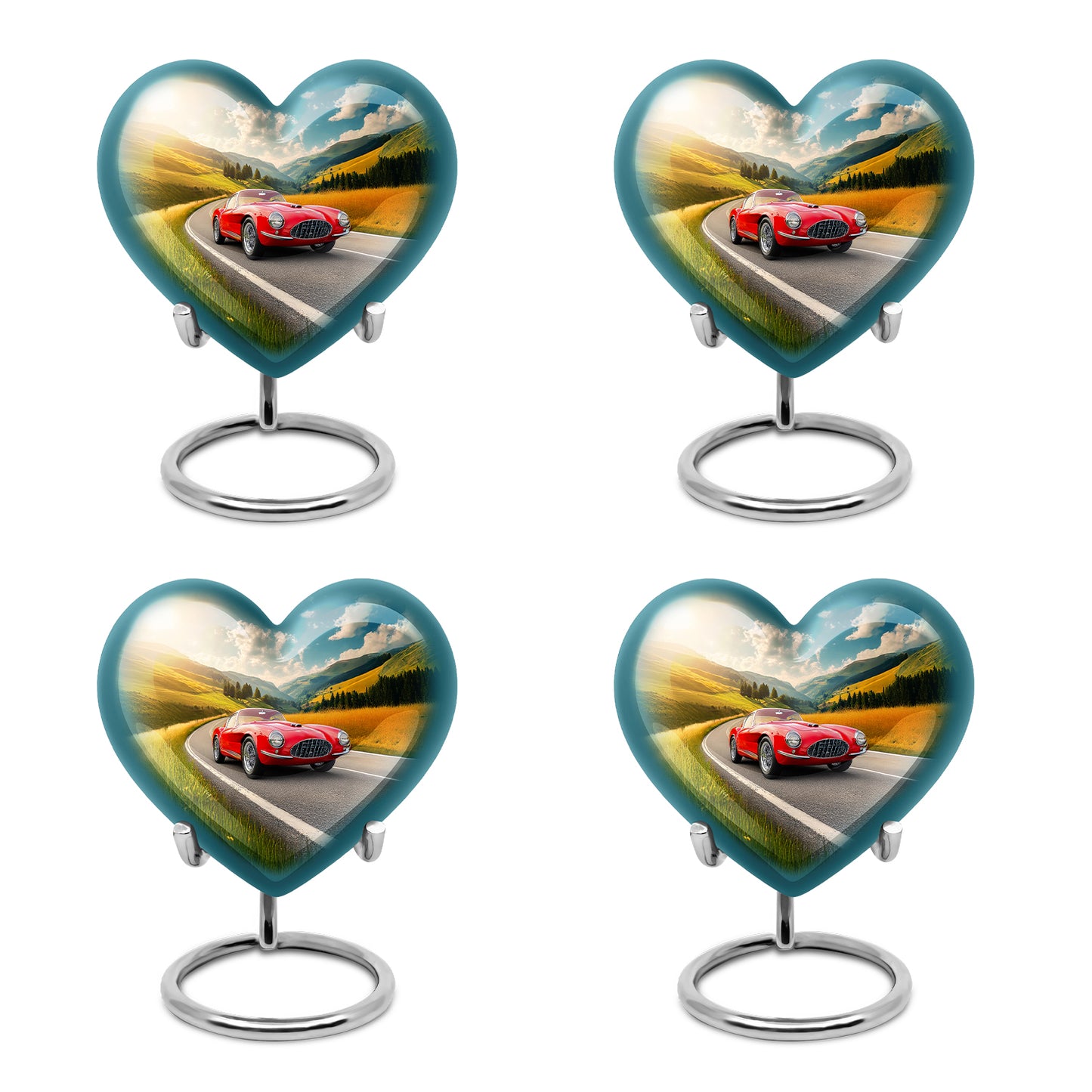 Slate Blue Car Cremation Urn angled view of lid and engraved motif - heart-shaped car design symbolizing eternal love - 10 inch aluminum urn for cremated remains