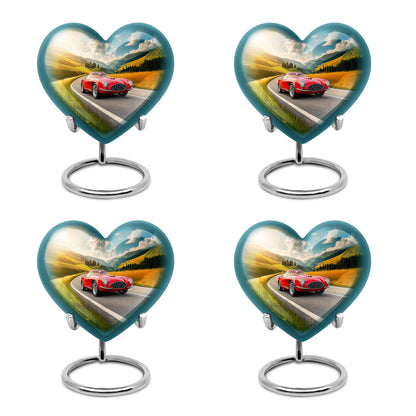 Slate Blue Car Cremation Urn angled view of lid and engraved motif - heart-shaped car design symbolizing eternal love - 10 inch aluminum urn for cremated remains