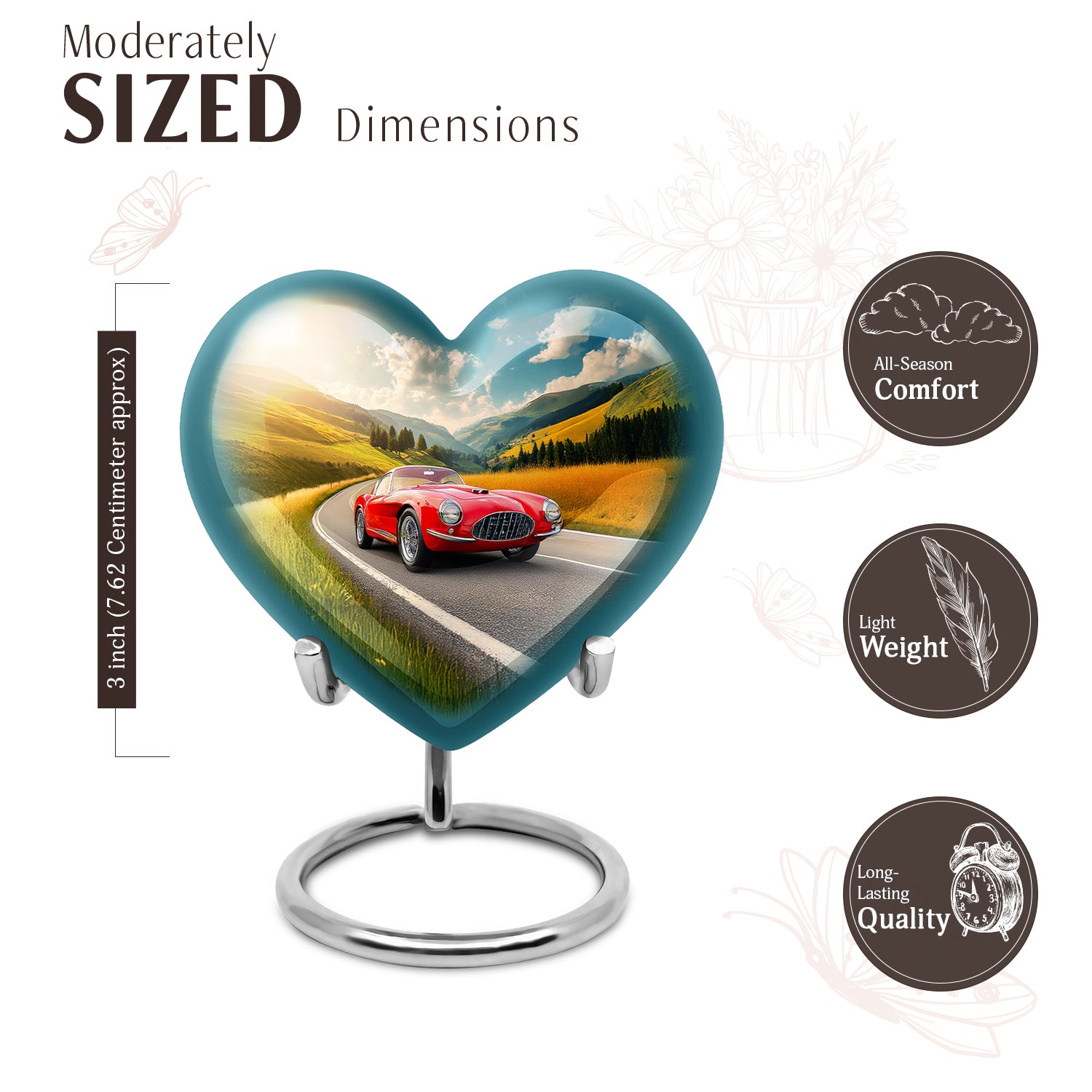 Slate Blue Car Cremation Urn front view showing detailed design - loving heart memorial featuring car pattern - mini keepsake memorial for portion of cremation ashes
