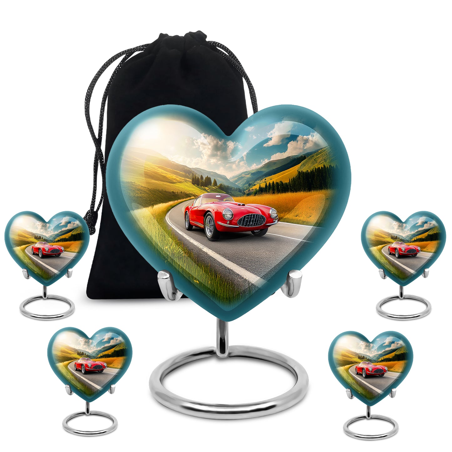 Royal Blue Car Cremation Urn close-up of engraving and surface detail - romantic heart urn with car motif on aluminum - memorial set with one large and four small urns