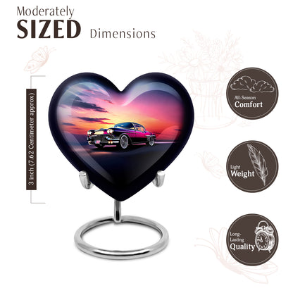 Bright Blue Car Cremation Urn front view showing detailed design - compassionate heart-car combination with gentle curves - mini keepsake memorial for portion of cremation ashes