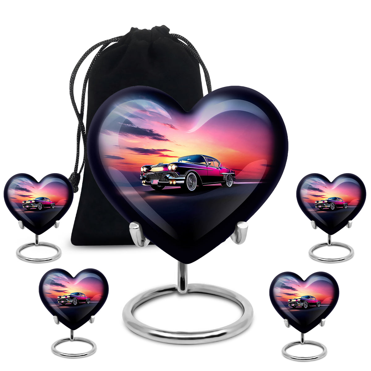 Calming Blue Car Cremation Urn close-up of engraving and surface detail - romantic heart urn with car motif on aluminum - memorial set with one large and four small urns