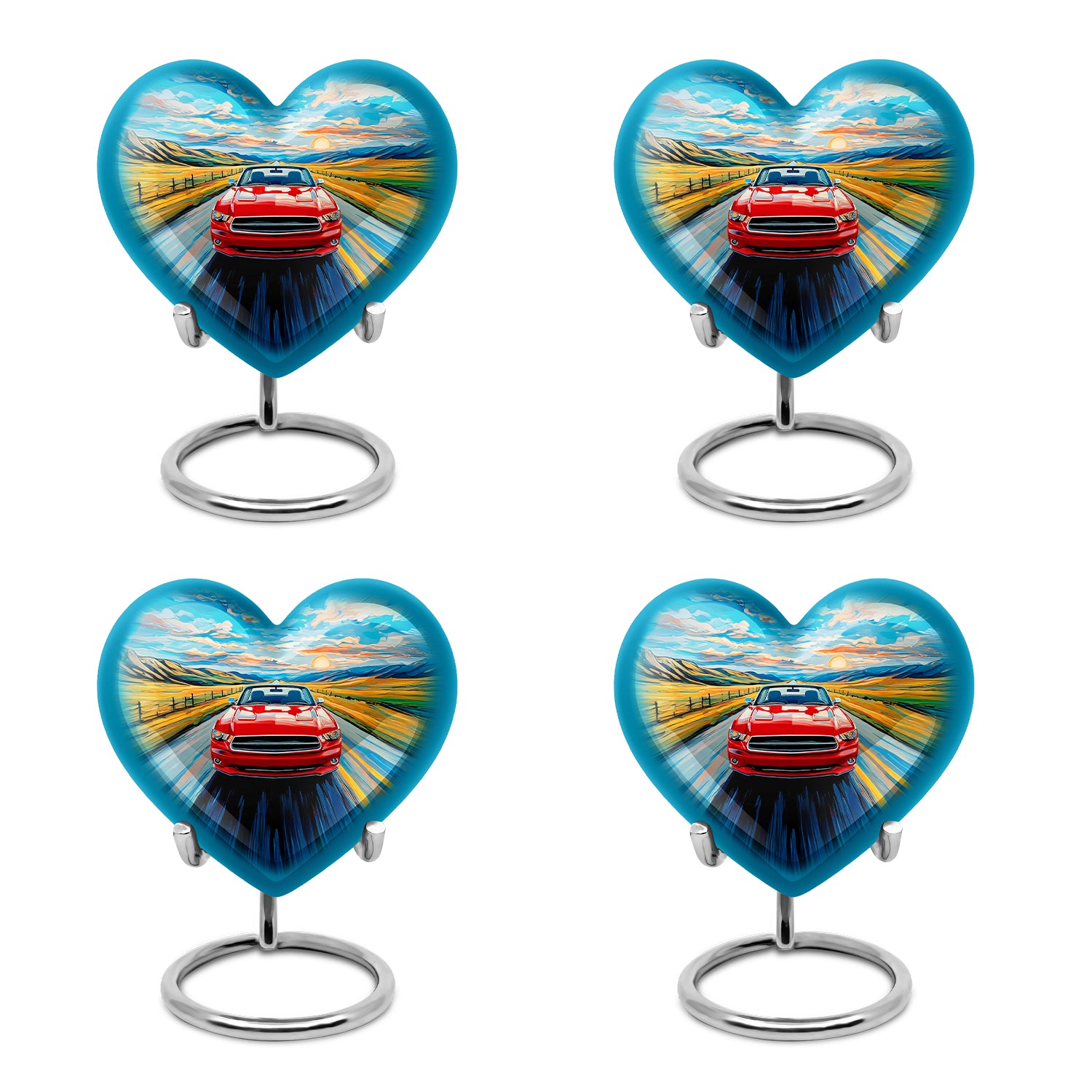 Dusty Blue Car Cremation Urn angled view of lid and engraved motif - heart-shaped car design symbolizing eternal love - 10 inch aluminum urn for cremated remains