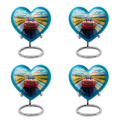 Dusty Blue Car Cremation Urn angled view of lid and engraved motif - heart-shaped car design symbolizing eternal love - 10 inch aluminum urn for cremated remains