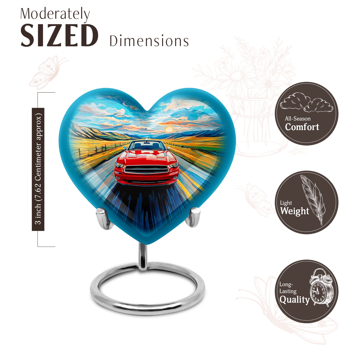 Vivid Blue Car Cremation Urn front view showing detailed design - romantic heart urn with car motif on aluminum - mini keepsake memorial for portion of cremation ashes