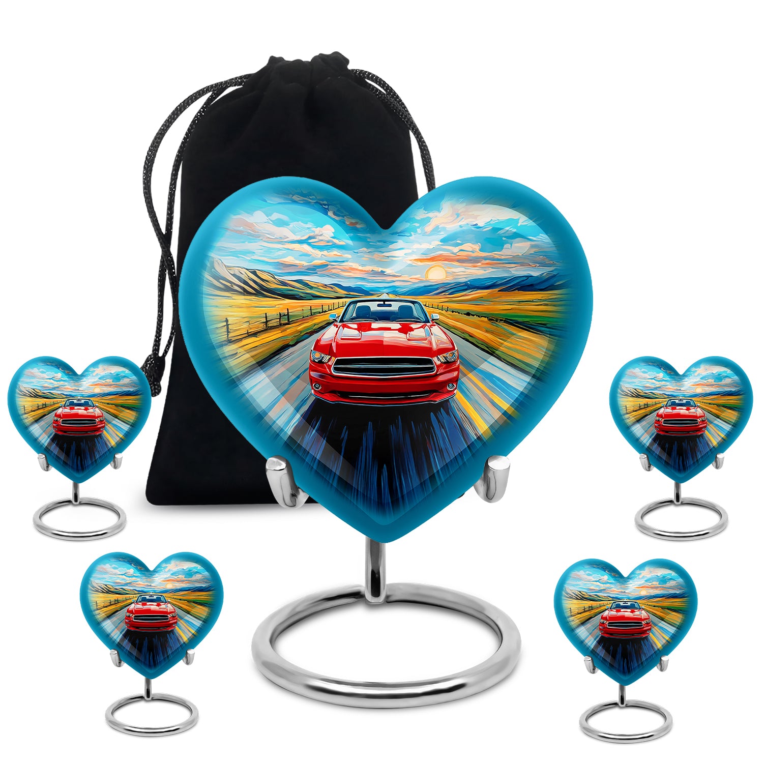 Cornflower Blue Car Cremation Urn close-up of engraving and surface detail - romantic heart urn with car motif on aluminum - memorial set with one large and four small urns
