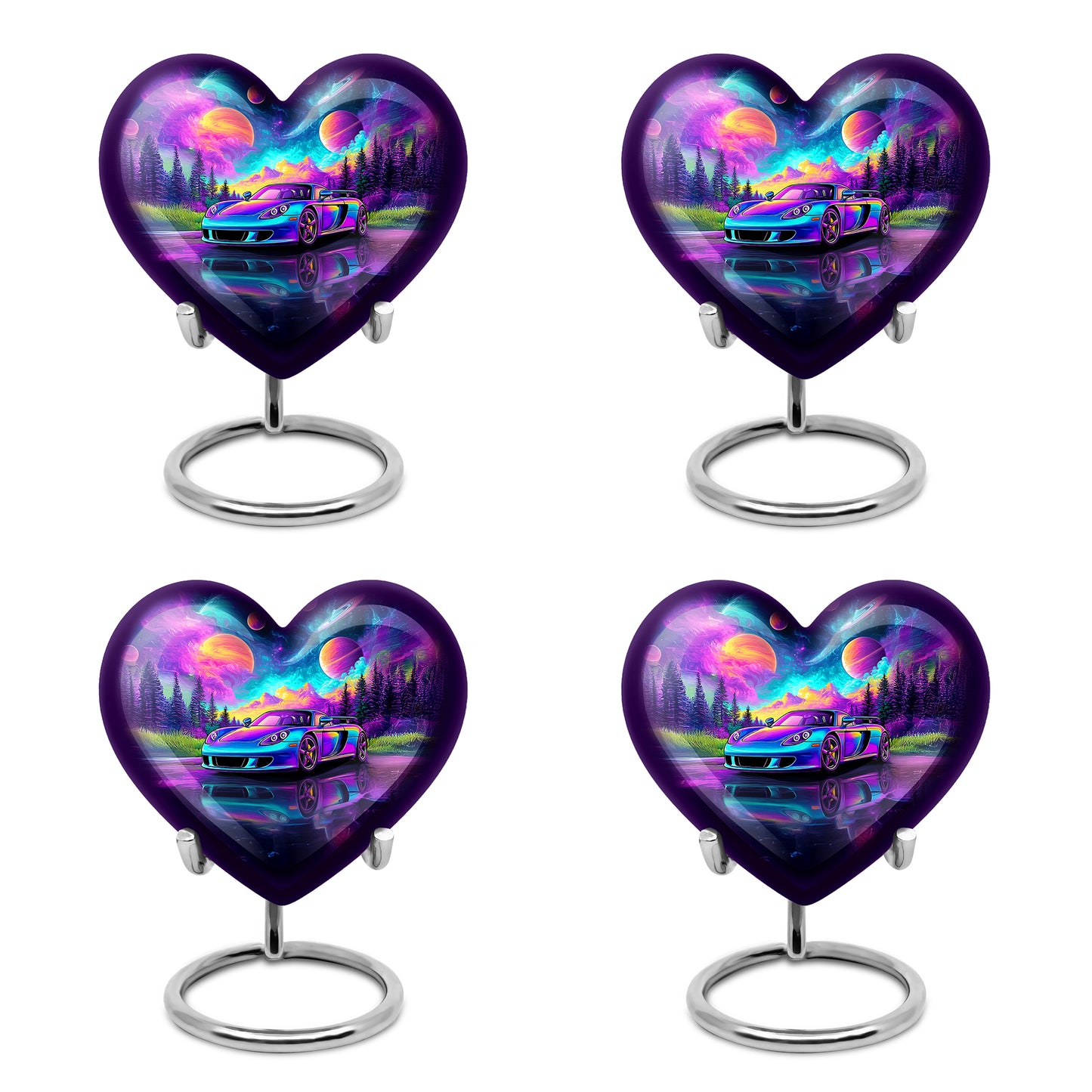 Icy Blue Car Cremation Urn angled view of lid and engraved motif - heart-shaped car design symbolizing eternal love - 10 inch aluminum urn for cremated remains