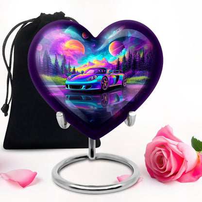 Navy Blue Car Cremation Urn detail view - loving heart memorial featuring car pattern - full-size 10 inch 200 cubic inch adult cremation urn