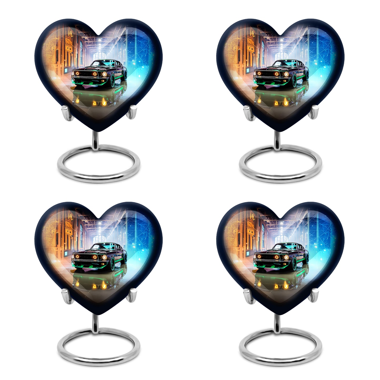 Glossy Black Car Cremation Urn angled view of lid and engraved motif - heart-shaped car design symbolizing eternal love - 10 inch aluminum urn for cremated remains