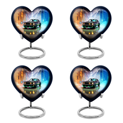 Glossy Black Car Cremation Urn angled view of lid and engraved motif - heart-shaped car design symbolizing eternal love - 10 inch aluminum urn for cremated remains