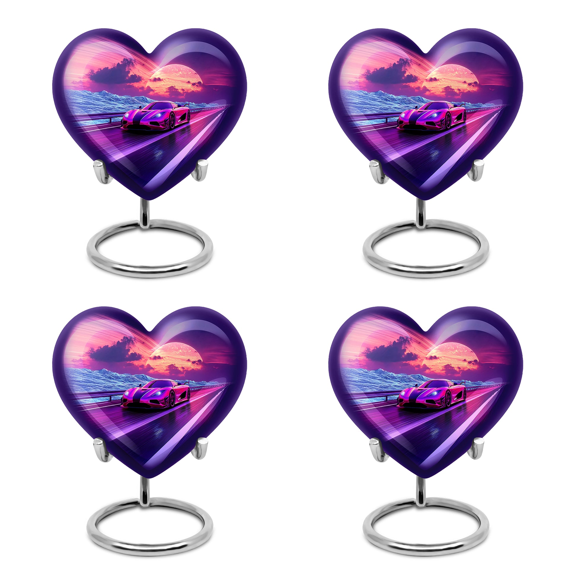 Steel Blue Car Cremation Urn angled view of lid and engraved motif - romantic heart urn with car motif on aluminum - 10 inch aluminum urn for cremated remains