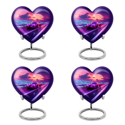 Steel Blue Car Cremation Urn angled view of lid and engraved motif - romantic heart urn with car motif on aluminum - 10 inch aluminum urn for cremated remains