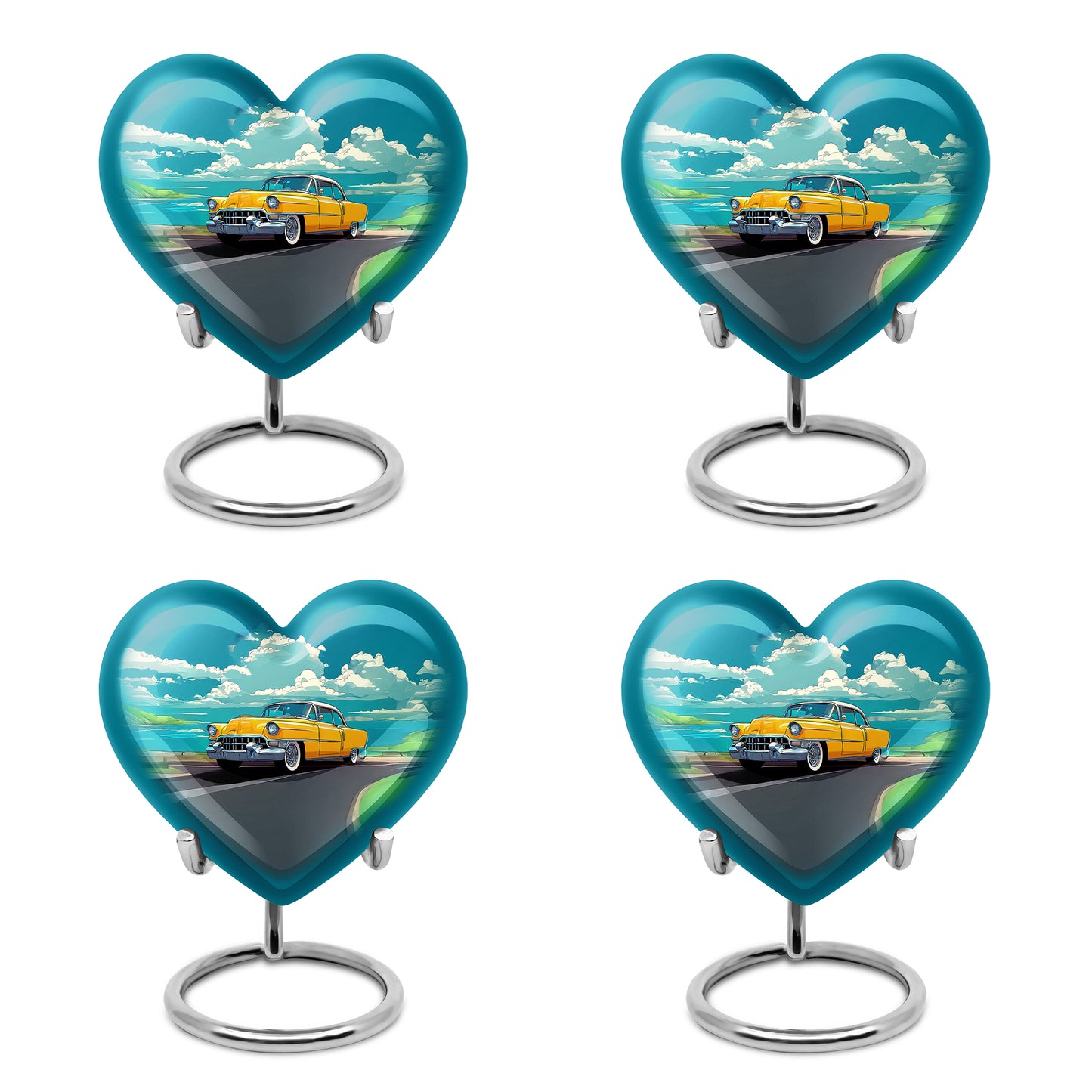 Soft Teal Car Cremation Urn angled view of lid and engraved motif - heart-shaped car design symbolizing eternal love - 10 inch aluminum urn for cremated remains