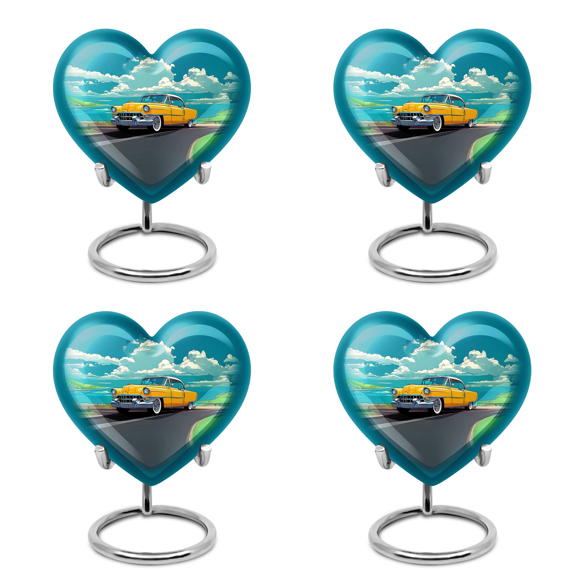 Soft Teal Car Cremation Urn angled view of lid and engraved motif - heart-shaped car design symbolizing eternal love - 10 inch aluminum urn for cremated remains
