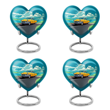 Soft Teal Car Cremation Urn angled view of lid and engraved motif - heart-shaped car design symbolizing eternal love - 10 inch aluminum urn for cremated remains