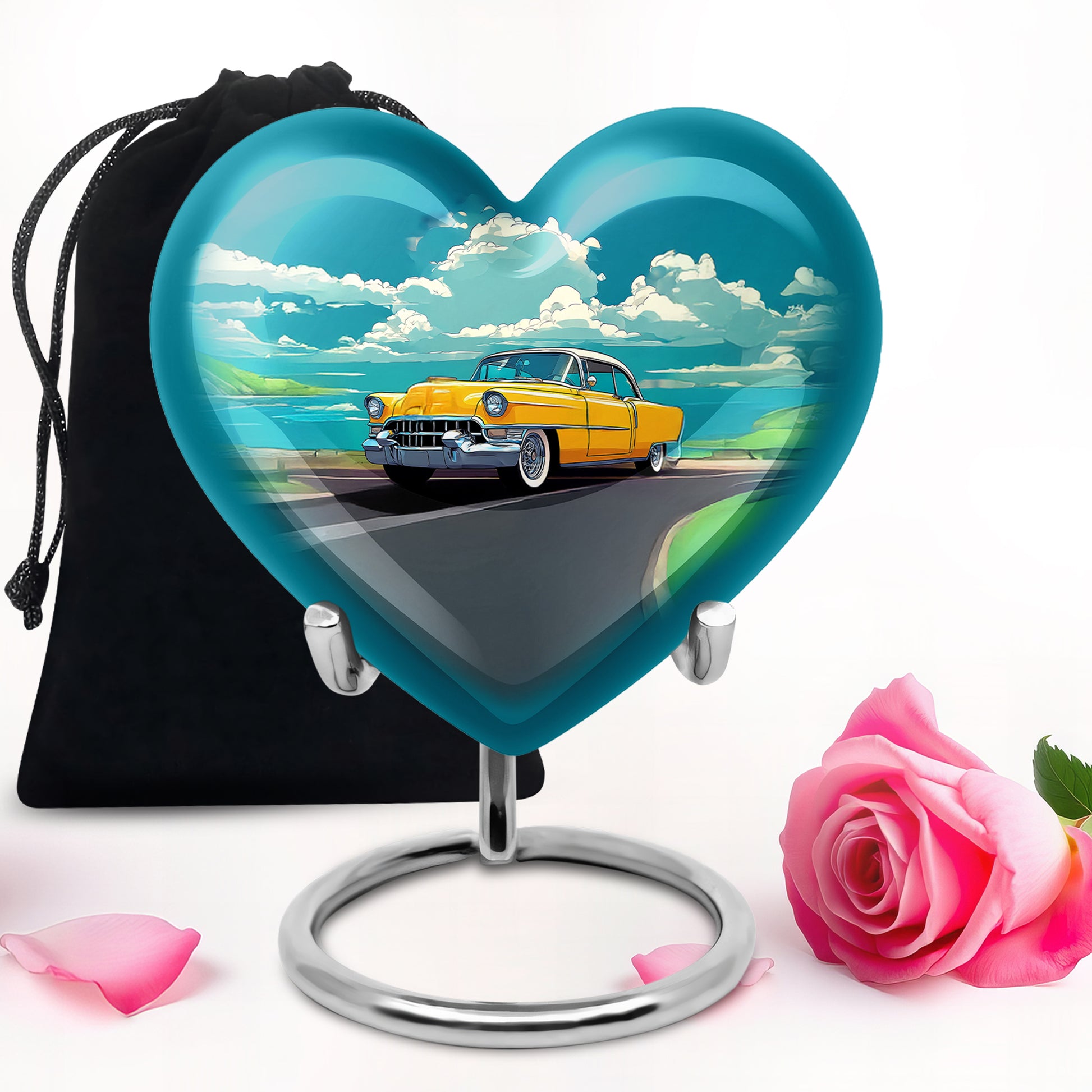 Aqua Teal Car Cremation Urn detail view - compassionate heart-car combination with gentle curves - full-size 10 inch 200 cubic inch adult cremation urn