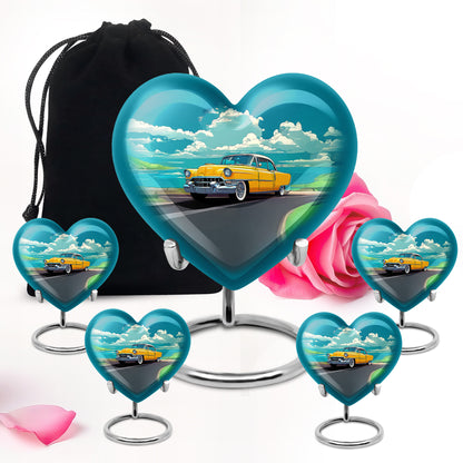 Ocean Teal Car Cremation Urn close-up of engraving and surface detail - heart-shaped car design symbolizing eternal love - memorial set with one large and four small urns
