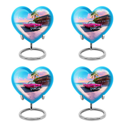Steel Blue Car Cremation Urn angled view of lid and engraved motif - compassionate heart-car combination with gentle curves - 10 inch aluminum urn for cremated remains