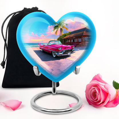 Calming Blue Car Cremation Urn detail view - compassionate heart-car combination with gentle curves - full-size 10 inch 200 cubic inch adult cremation urn