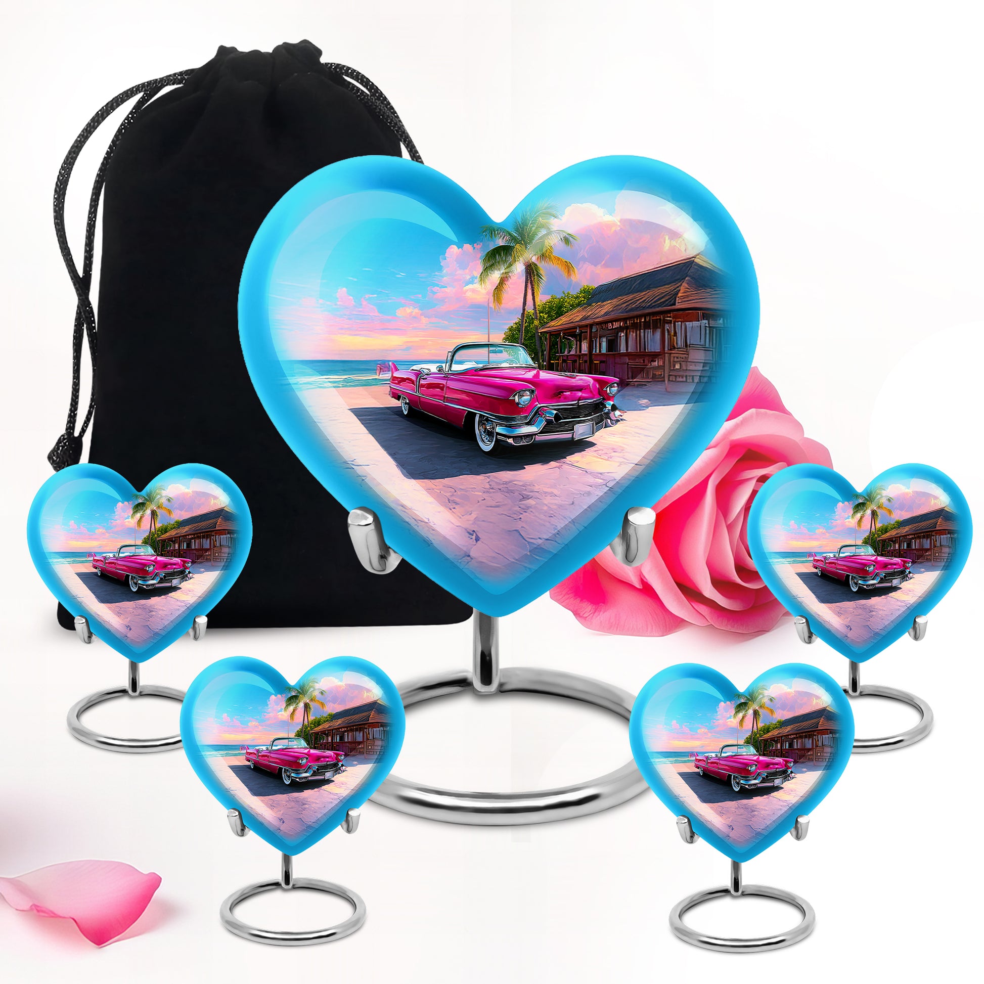 Navy Blue Car Cremation Urn close-up of engraving and surface detail - heart-shaped car design symbolizing eternal love - memorial set with one large and four small urns
