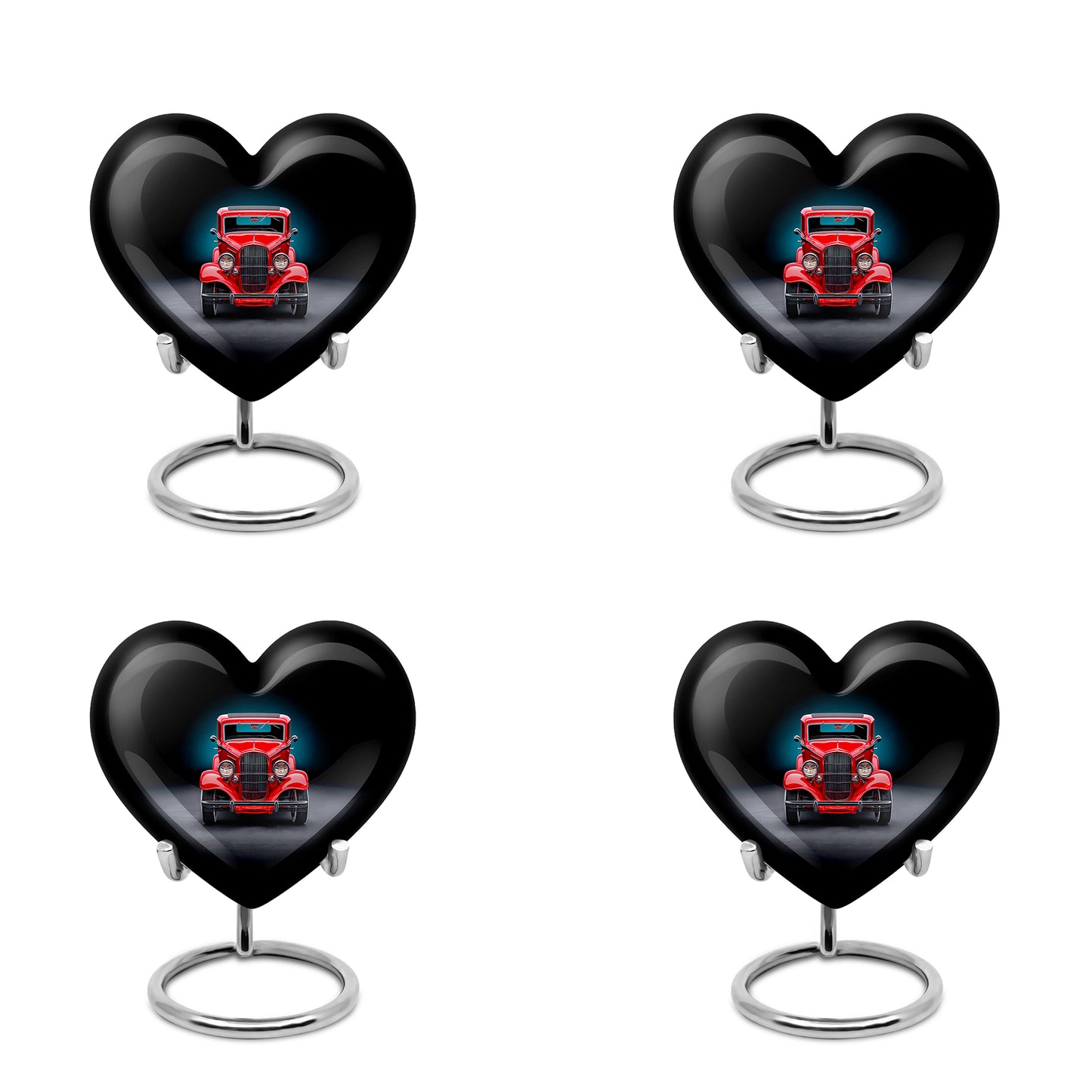 Glossy Black Car Cremation Urn angled view of lid and engraved motif - loving heart memorial featuring car pattern - 10 inch aluminum urn for cremated remains