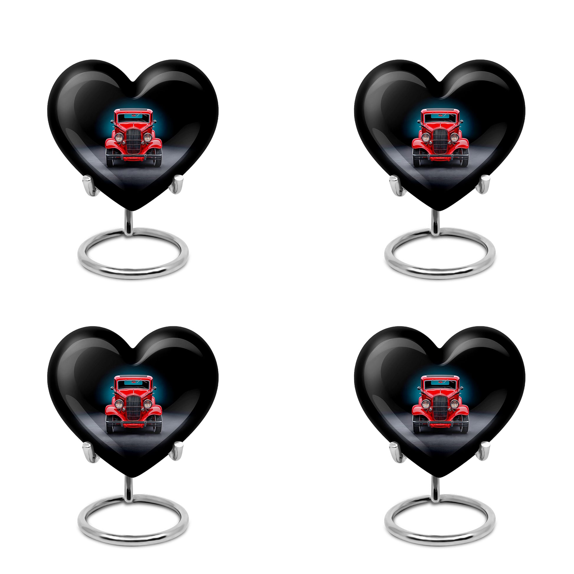 Glossy Black Car Cremation Urn angled view of lid and engraved motif - loving heart memorial featuring car pattern - 10 inch aluminum urn for cremated remains