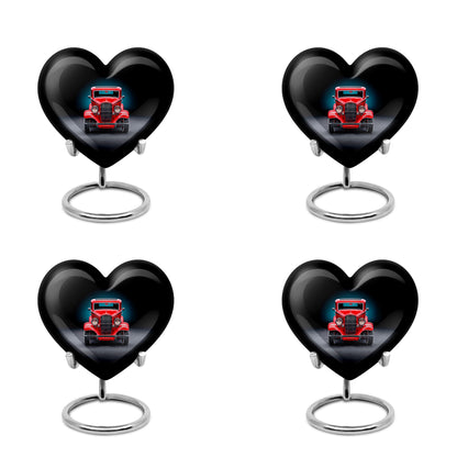 Glossy Black Car Cremation Urn angled view of lid and engraved motif - loving heart memorial featuring car pattern - 10 inch aluminum urn for cremated remains