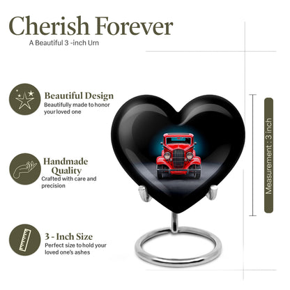 Rich Black Car Cremation Urn front view showing detailed design - loving heart memorial featuring car pattern - mini keepsake memorial for portion of cremation ashes