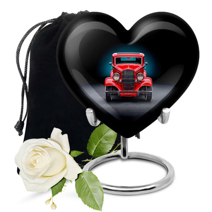 Glossy Black Car Cremation Urn detail view - heart-shaped car design symbolizing eternal love - full-size 10 inch 200 cubic inch adult cremation urn