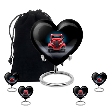 Dark Black Car Cremation Urn close-up of engraving and surface detail - compassionate heart-car combination with gentle curves - memorial set with one large and four small urns