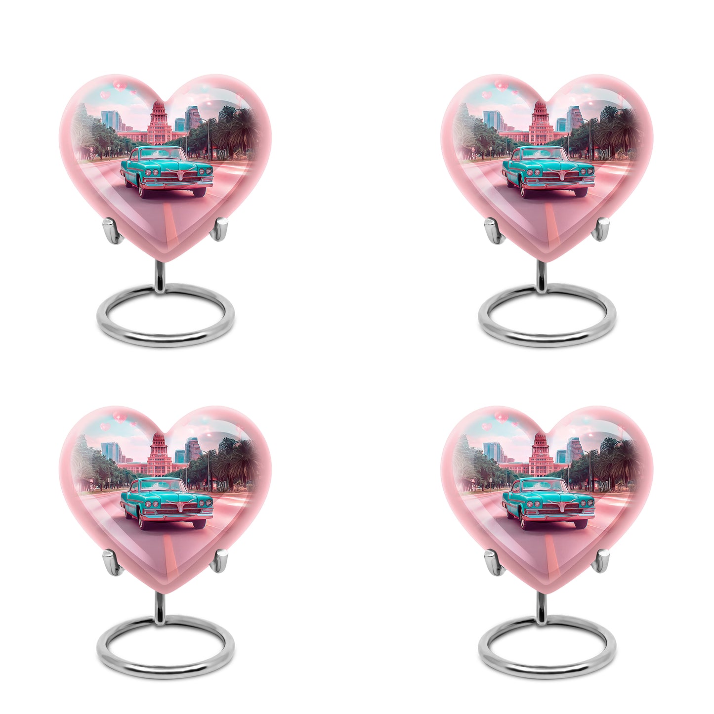 Jewel Teal Car Cremation Urn angled view of lid and engraved motif - heart-shaped car design symbolizing eternal love - 10 inch aluminum urn for cremated remains