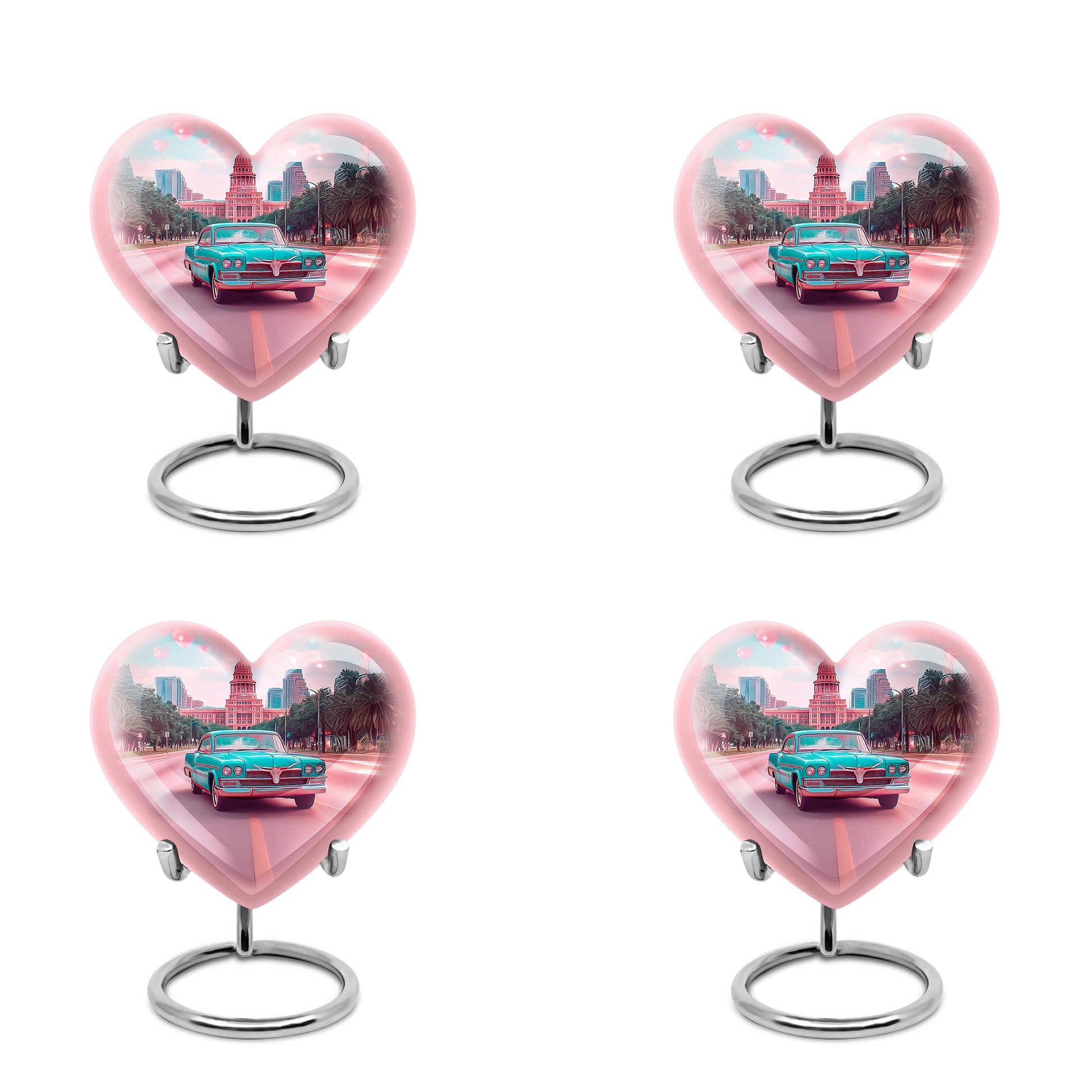 Jewel Teal Car Cremation Urn angled view of lid and engraved motif - heart-shaped car design symbolizing eternal love - 10 inch aluminum urn for cremated remains