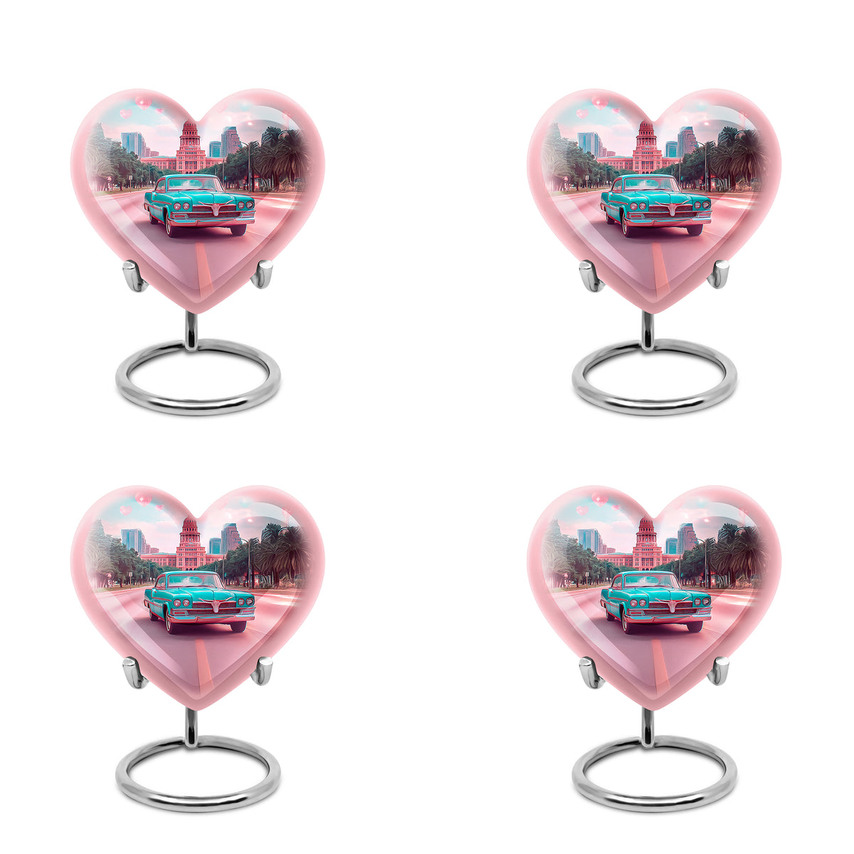Jewel Teal Car Cremation Urn angled view of lid and engraved motif - heart-shaped car design symbolizing eternal love - 10 inch aluminum urn for cremated remains