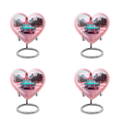 Jewel Teal Car Cremation Urn angled view of lid and engraved motif - heart-shaped car design symbolizing eternal love - 10 inch aluminum urn for cremated remains